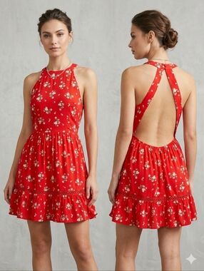 Sunday Mi Amor Backless Floral Red Mini Dress Size XS
